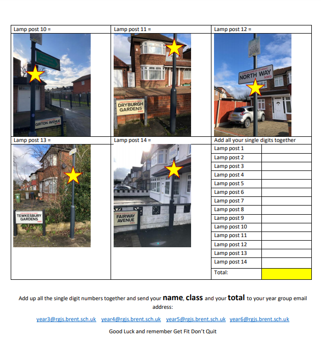 RoeGreenJS's tweet photo. Lamp post orienteering! Get outdoors with your family this half term and find all the lamp posts, or take part in our street sign challenge. Or BOTH! #RGJS https://t.co/SMzf10hN8K