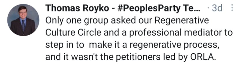 A big circulated Thomas LIE is about the judicial arm of MPP/PP that they rage demoted in their org chart. The CC gave a DIRECTIVE to 1 of their "Pro Mediators" over Regen Culture to negotiate w/ petitioners as proxy. Nobody "asked."  #ThomasLies  #MPTea  #RecallMPP  #UnfollowMPP