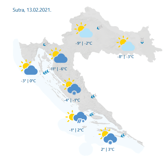 DHMZ_HR's tweet image. Hladno 🥶 i vjetrovito vrijeme  🌬️ obilježit će iduće dane! Pritom će zimski ugođaj biti dodatno začinjen i ❄️, ovoga puta u Dalmaciji gdje do nedjelje ujutro, posebice na krajnjem jugu može nastati i tanji, dekorativni snježni pokrivač. 
#zima #hladnival #veljača #prognoza #DHMZ