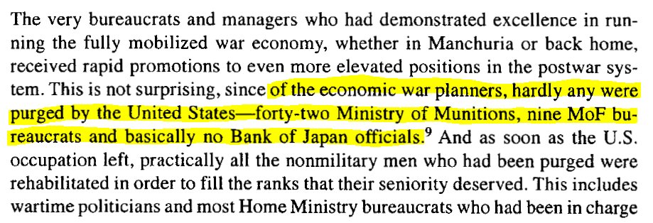 There was also an attempted purge of the MOF and MITI by the US. They removed key figures, though like the zaibatsu purge it was less than effective. Tellingly, no members of the central BOJ were purged.
