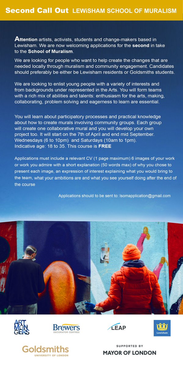 LEWISHAM SCHOOL OF MURALISM
Deadline at midnight tonight! Don't miss out.

To apply check: lsomuralism.org