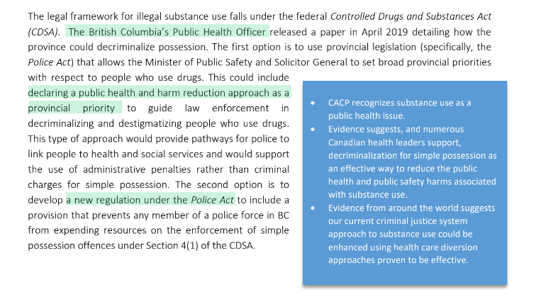 Here's the police explaining the two provincial options to decriminalize people - the public safety minister can use the Police Act, or this can be incorporated into a reformed Police Act [dyk there is a committee on reforming the Police Act RIGHT NOW]