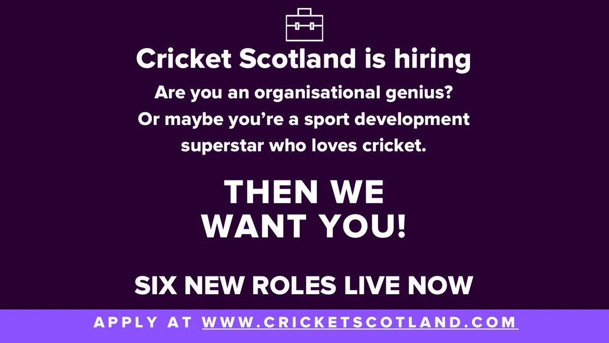 A busy week for us and if you would like to join the team we have six new roles that have gone live today at cricketscotland.com/about-landing/…. Closing date for all vacancies is February 28. #jobsinsport