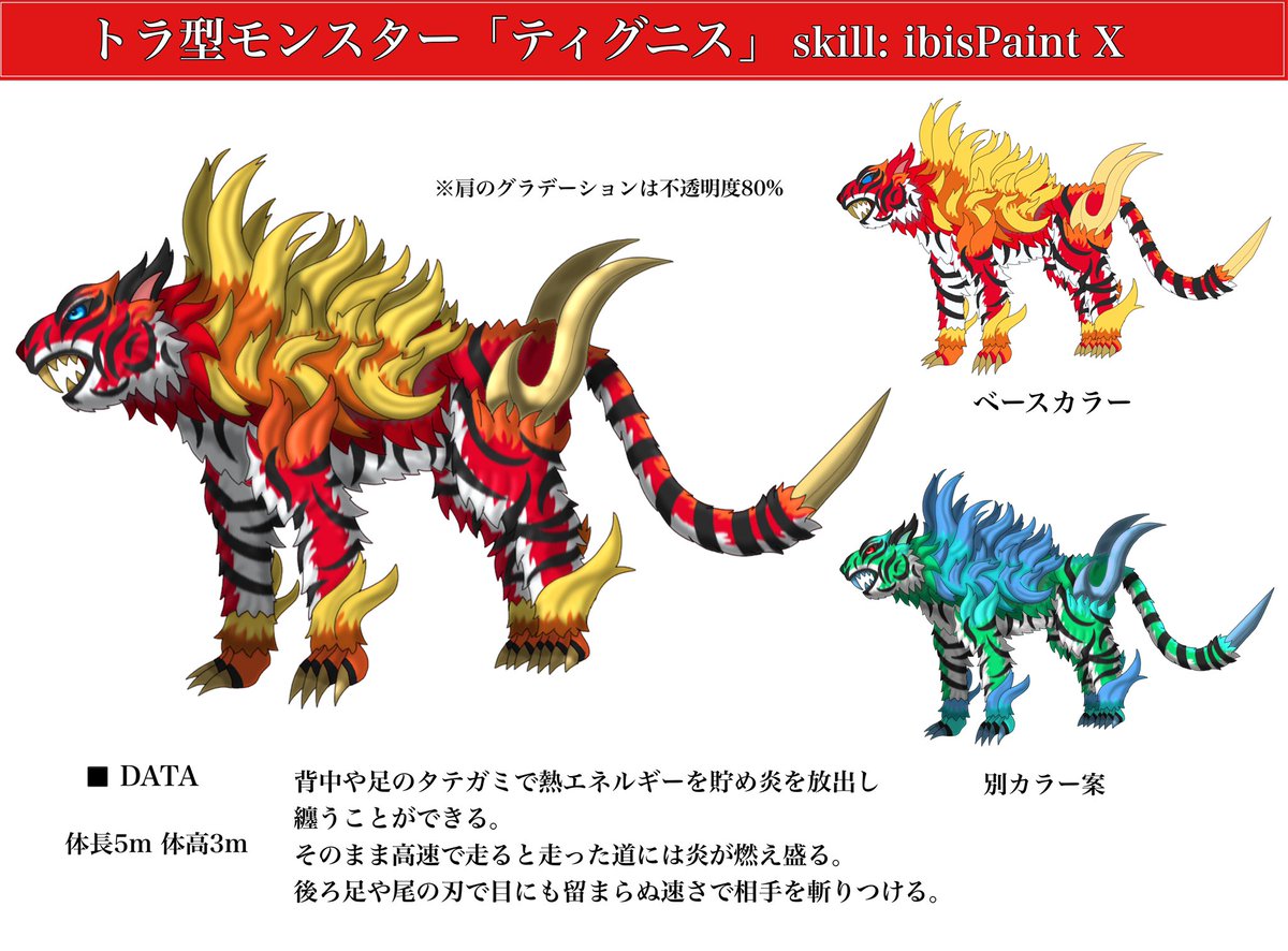 Dupk Twitter ನಲ ಲ オリジナル モンスター 火属性のトラ型モンスターを描きました 簡単なスペックや亜種カラー付き
