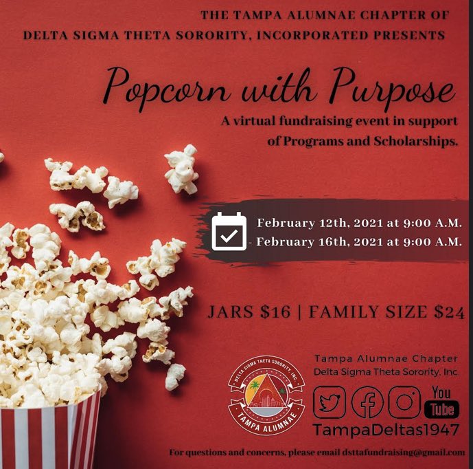 Our Popcorn with Purpose Virtual Fundraiser Event begins TODAY!!!  This event will be live from Friday, February 12 at 9:00 AM until the event concludes on Tuesday, February 16 at 9:00 AM.

🍿 💥 🍿 💥  #DSTTA1947

popup.doublegood.com/s/wo413cd7