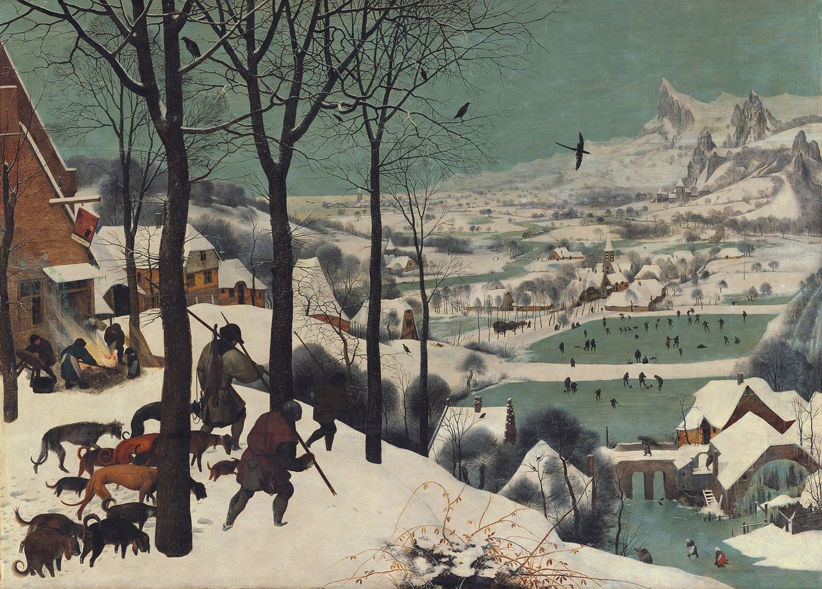 An excellent week to pester you all again with my favourite painting, Hunters in the Snow by Brueghel. The depth, the detail is amazing. Let's look at some of the details 1/n