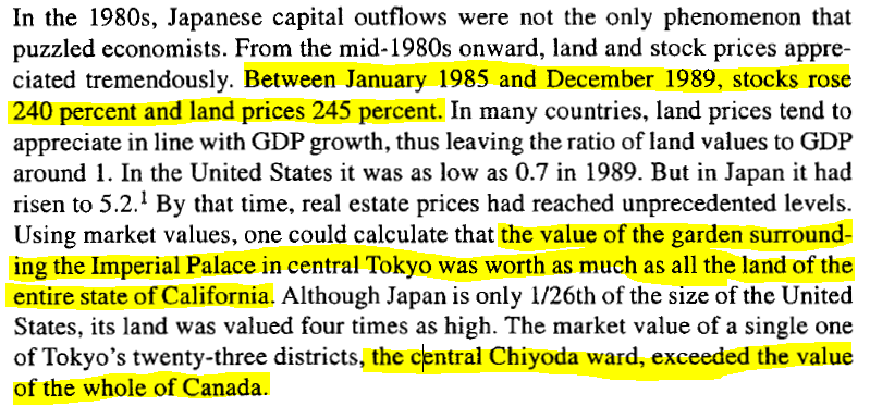 Valuations reach absurdist levels. The land value of the garden outside the Imperial Palace is worth more than all land in California, combined. It's the roaring 80s, anyone who owns any land, or buys any stock at all is a millionaire.