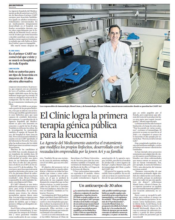 “Parece poco, pero las expectativas de nuestros pacientes son pésimas y un 37% libres de enfermedad al cabo del año es muy buen resultado”

Los Drs. <a href="/Manel_JuanOtero/">Manel Juan Otero</a> y <a href="/UrbanoIspizuaMD/">Alvaro Urbano-Ispizua</a> explican los beneficios para los pacientes y cómo se ha desarrollado este CART 👇