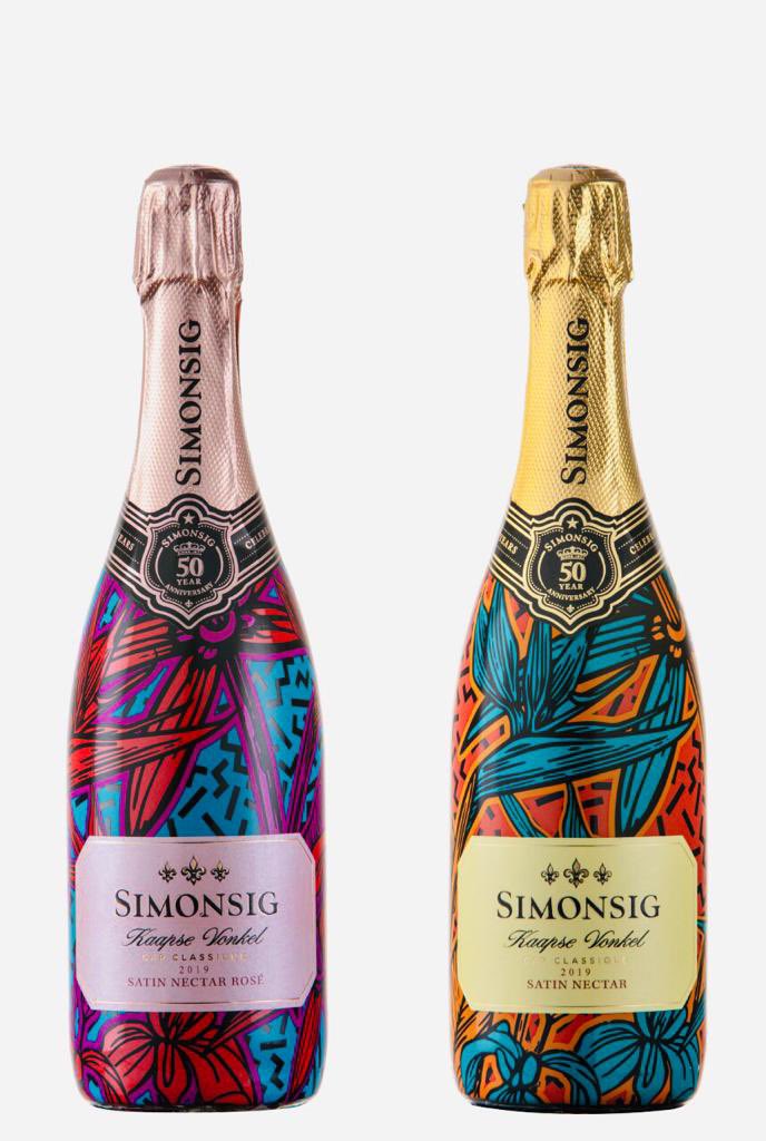 How absolutely gorgeous are these bottles. <a href="/SimonsigWines/">Simonsig Wine Estate</a> are celebrating 50 years of producing MCC in SA with the launch of 2 x new bubblies; the Kaapse Vonkel Satin Nectar &amp; the Satin Nectar. #FunFact: Most expensive wine in South Africa in 1971 @R3 a bottle,current price R165.