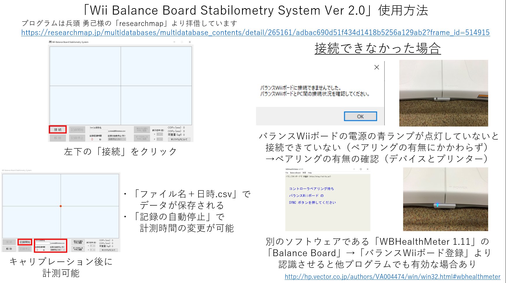 S Fujii 需要がありそうだったので バランスwiiボードとpcの接続 について こちらで実施しているやり方をまとめさせていただきました 少しでも参考になれば幸いです なお Pc上での計測プログラムは Wii Balance Board Stabilometry System を拝借し S Fujii 需要がありそうだったので バランスwiiボードとpcの接続 について こちらで実施しているやり方をまとめさせていただきました 少しでも参考になれば幸いです なお Pc上での計測プログラムは Wii Balance Board Stabilometry System を拝借し