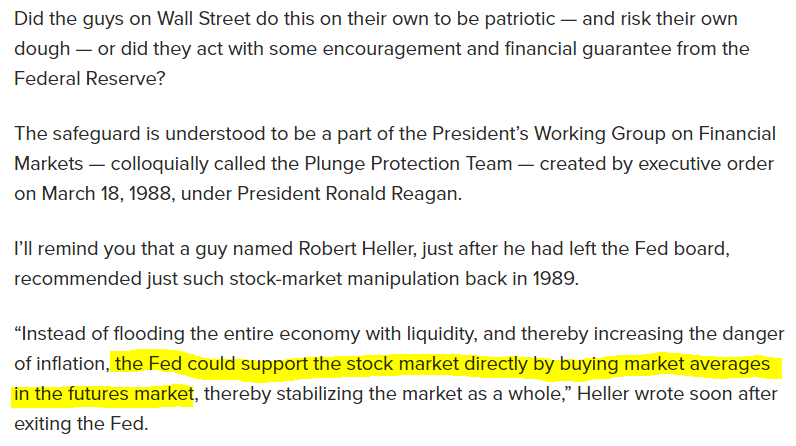 Now this I'll never be able to prove, but read this statement from Fed board member Heller. They could support the market by buying index futures in an open market operation? I'm not saying they did it, I have no evidence, but wowee that'd be a secret to take to the grave.