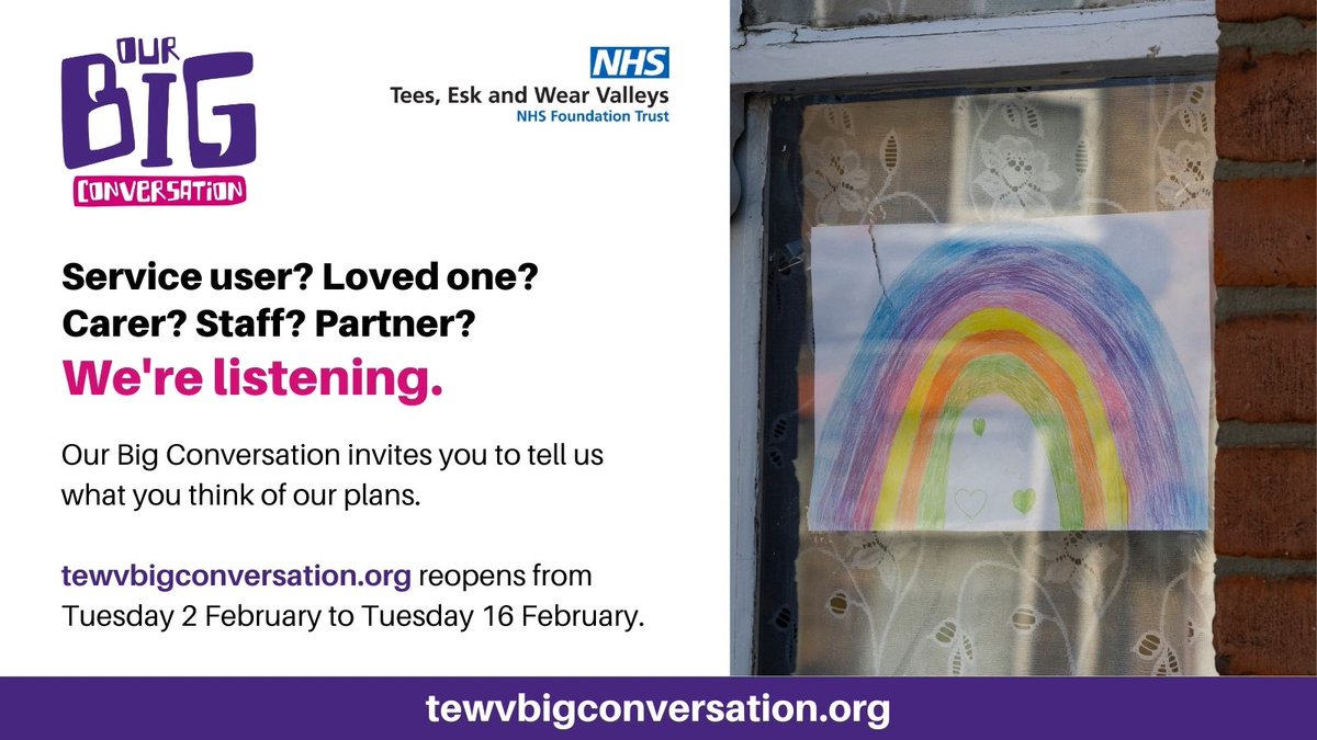 HWCountyDurham's tweet photo. There’s still time to join #OurBigConversation and shape local #mentalhealth and #learningdisabilty services. Join the conversation before 16 February https://t.co/TRHdHlLDJU @TEWV https://t.co/LjfBfjffZN