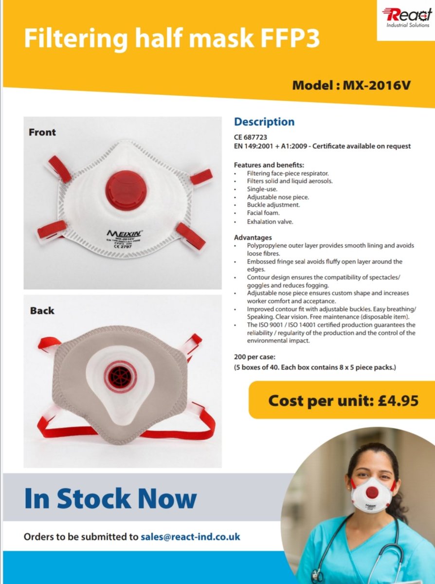 ReactIndustrial's tweet image. These FFP3 filtering half masks have been flying out of stock here at React and we&apos;ve managed to get our hands on an extremely limited amount of additional stock.

We&apos;re offering these at £4.95 each, with no MOQ whether you want 5 pcs or 555 pcs!

#FFP3 #FaceMask #PPE