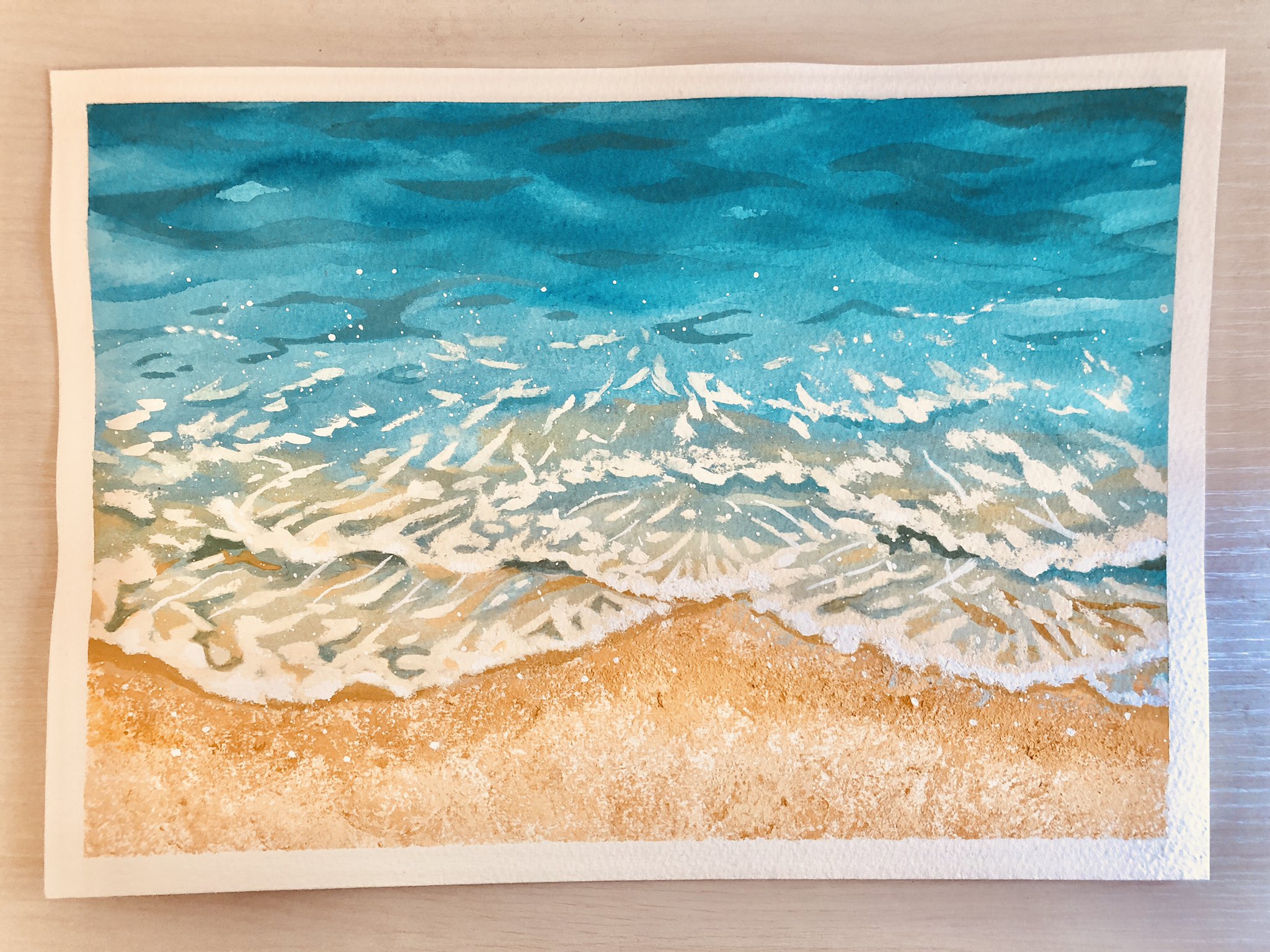 田村 健 絵描き 海の絵が完成しました タイトルはそのまま 波打ち際 です 砂はティッシュでポンポンしながら描いたり 青のグラデーションや泡の表現等 想像以上に難しかったです 苦笑 少しでも本物の海に近づけていたら嬉しいです 絵