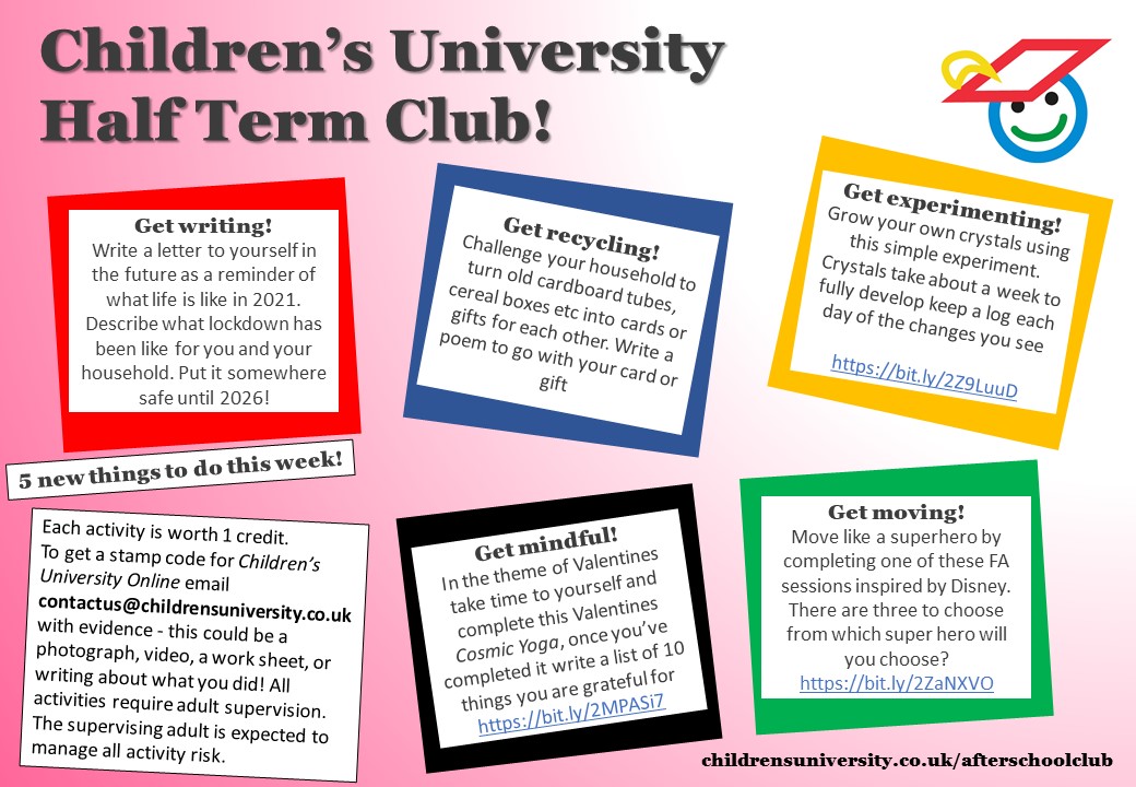 It’s our Half Term Club! Here are five new things you could do this week – From Superheroes to Yoga. Have fun! childrensuniversity.co.uk/media/1343/hal…