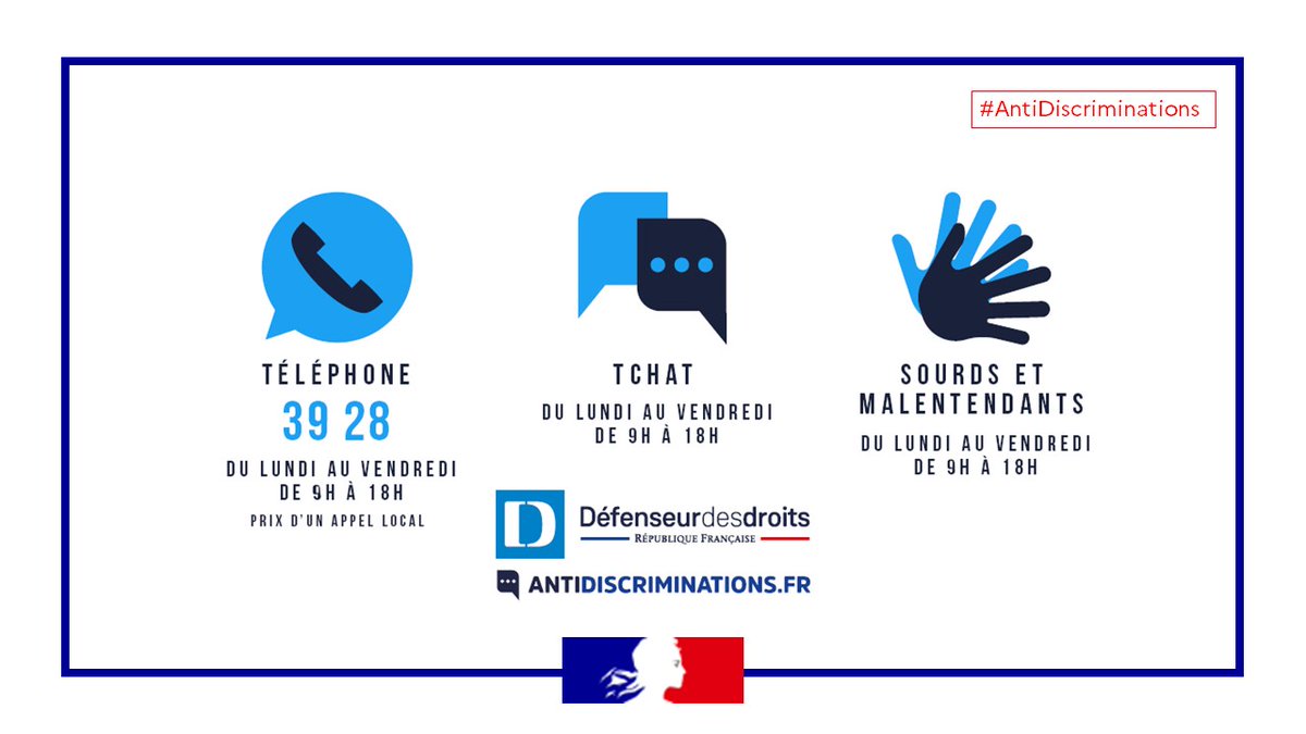 #AntiDiscriminations | Victime de discriminations ? 
📞 Appelez le 39 28 (de 9h à 18h, prix d’un appel local)
📩 Joignable par tchat (de 9 h à 18 h) et accessible aux personnes sourdes et malentendantes
💻 Site web : antidiscriminations.fr