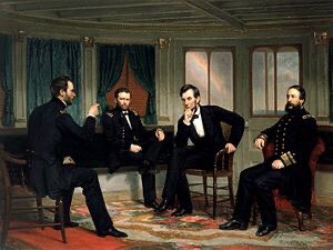 The Peacemakers is an 1868 painting by George P.A. Healy. It depicts the historic March 27, 1865, strategy session by the Union high command on the steamer River Queen during the final days of the American Civil War. Since 1947, it has been in the White House collection.