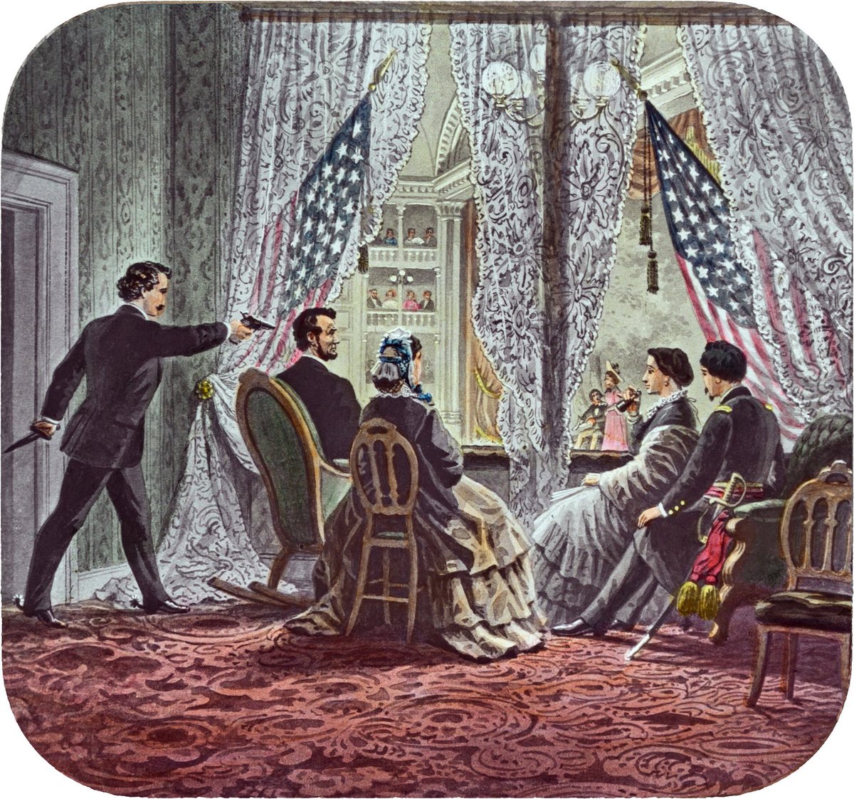 Shown in the presidential booth of Ford's Theatre, from left to right, are assassin John Wilkes Booth, Abraham Lincoln, Mary Todd Lincoln, Clara Harris, and Henry Rathbone
