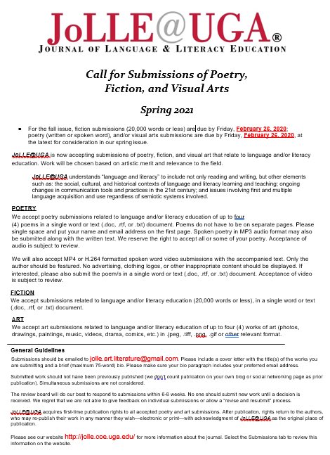 Jolle_uga's tweet photo. Have you written fiction or a poem recently? Drew something related to language and literacy education? 

Consider submitting it to our Poetry, Fiction, and Visual section for Spring 2021. The last date to submit is Feb 26 and for more details, check the flyer below. https://t.co/p6gpOUG9Ki