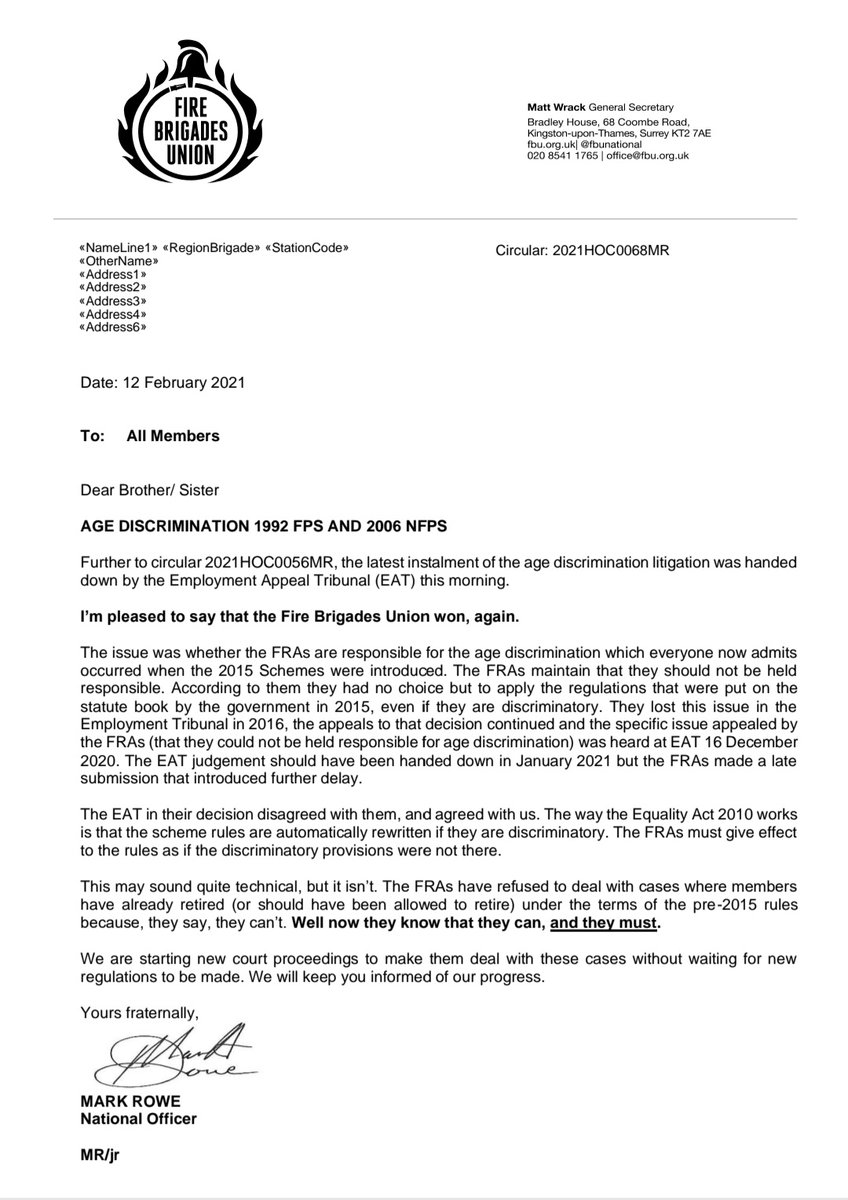 🚨 Members Circular: (Pensions Update) 🚨

"I’m pleased to say that the Fire Brigades Union won, again." #JoinAUnion

fbu.org.uk/circular/2021h…