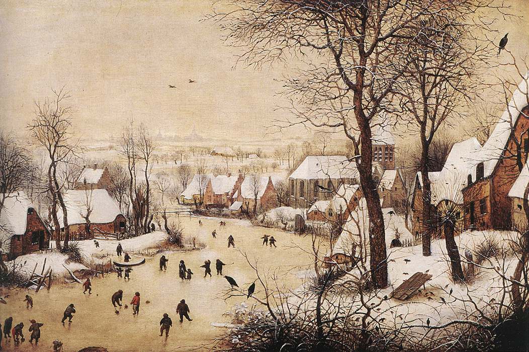 That was 9, so this is 10/n. Hunters in the Snow features a small bird trap (left), a way to catch some extra proteins. A other famous winter scene by Brueghel sr. is Winter Landscape with Bird Trap on the right. Bruegel (Brueghel) painted in The Little Ice Age.