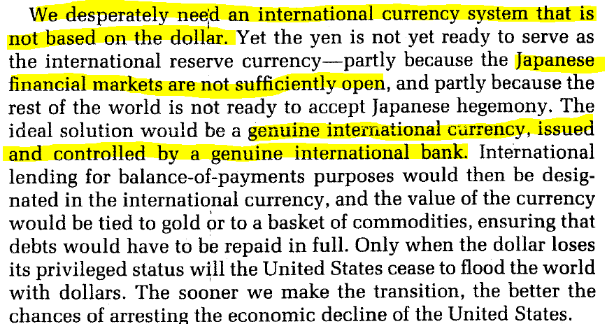 But look at this, as early at 1997 he knew what he wanted. Abolishment of national currencies, created and distributed by a new central bank, a world central bank. Full-spectrum centralized control of money supply.