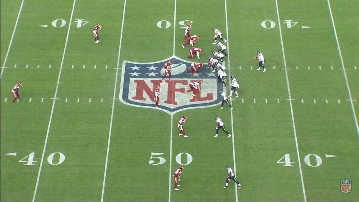 Here's an example of what I mean. here's a picture of the play pre-snap. Washington's showing man by having Darby, Moreland, and Fuller line up over the three receivers to the field. But after the snap they'll rotate to a Tampa 2 look