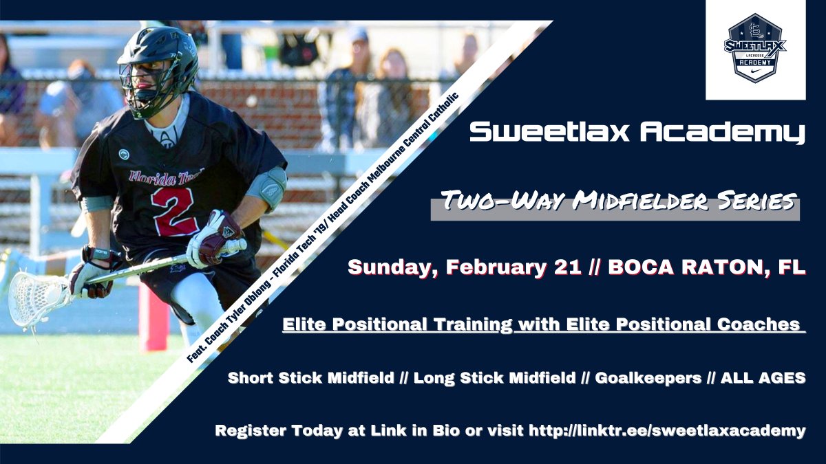 *CALLING ALL MIDFIELDERS* Can't miss opportunity next Sunday with Sweetlax Academy in Boca Raton! Spots are limited, so register today! Coach Oblong &amp; the Sweetlax Academy Staff will be making a deep dive into the Midfield position to help players elevate their game. Link in bio