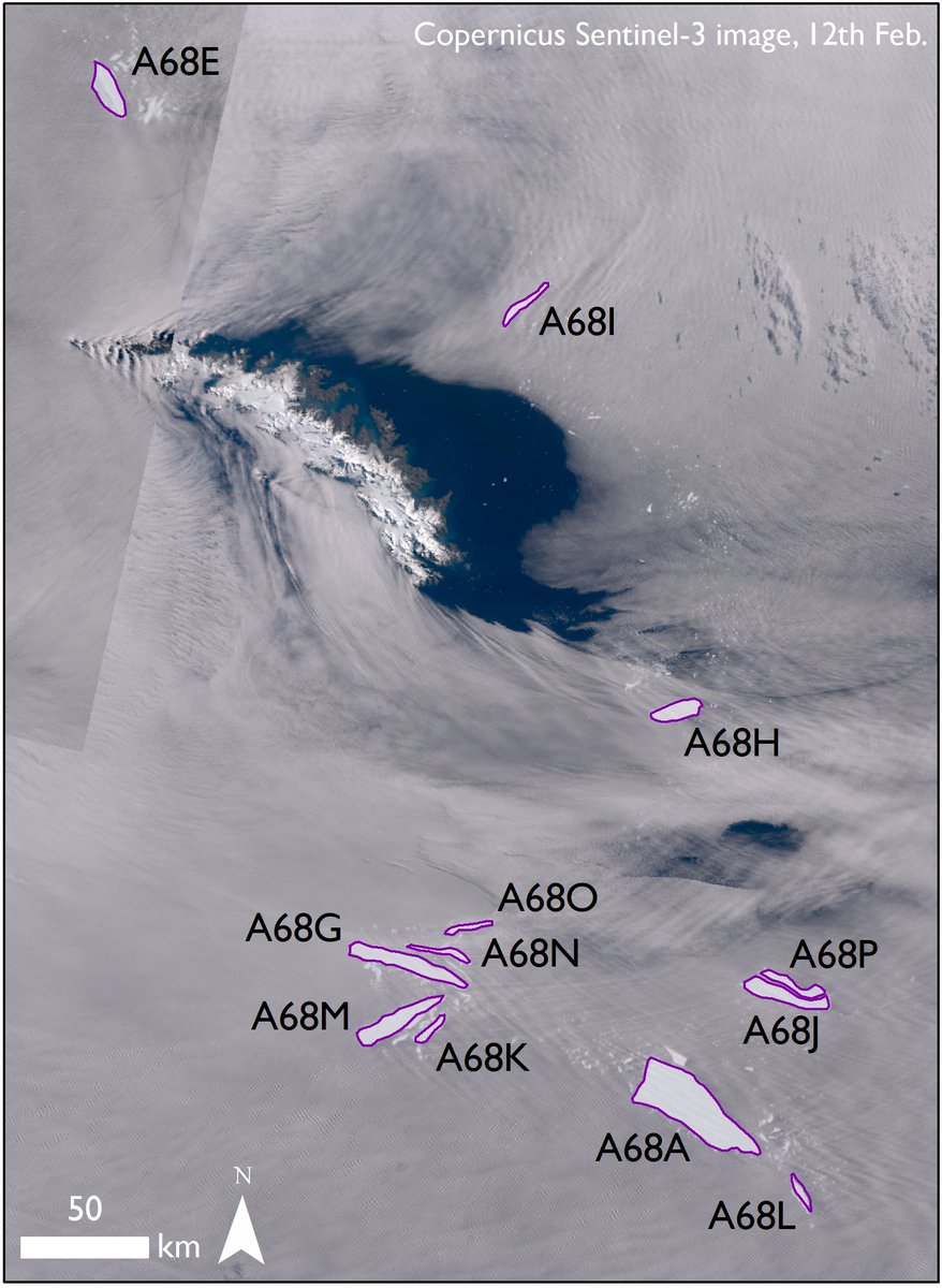 Laura Gerrish (@laura_gerrish) on Twitter photo Quick update of current #A68 iceberg locations to finish off a Friday afternoon. I hope the letters are all correct, but there's a lot to keep track of now! It looks like E has fractured a lot recently, and A still remains a substantial size at ~770 km² 📸:<a href="/CopernicusEU/">Copernicus EU</a>. Quick update of current #A68 iceberg locations to finish off a Friday afternoon. I hope the letters are all correct, but there's a lot to keep track of now! It looks like E has fractured a lot recently, and A still remains a substantial size at ~770 km² 📸:<a href="/CopernicusEU/">Copernicus EU</a>.
