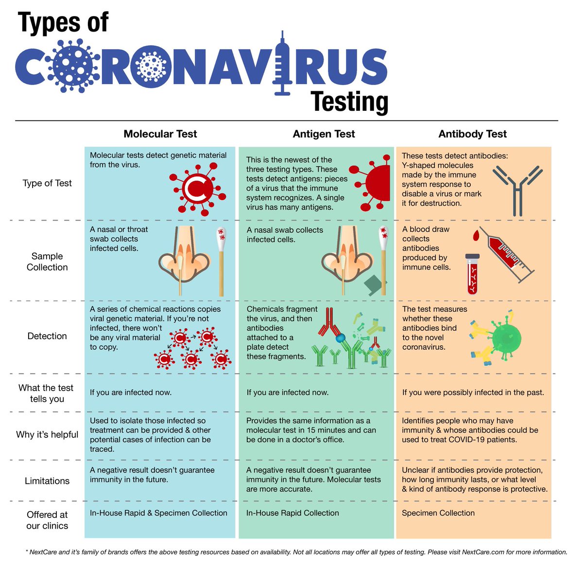 PrimaCare's tweet photo. Our infographic aims to help our patients better understand the differences in COVID testing options. Our clinics do have the ability to provide Molecular, Antigen and Antibody testing, so please visit our website for more information. https://t.co/dqq8u219IE https://t.co/Ws0CGN8nuA