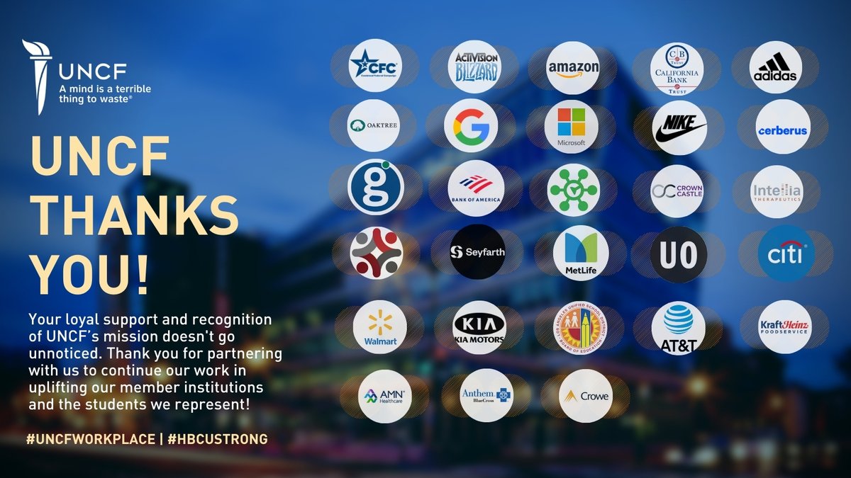 UNCF's tweet image. We would like to thank our workplace giving partners for making a difference in the lives of our students and the HBCUs. Join the thousands of employees who are using workplace giving during #BlackHistoryMonth by visiting UNCF.org/Workplace-Givi…!