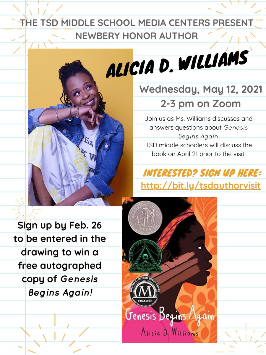 Christina Chatel (@medialoguer) on Twitter photo TSD MS media centers are excited to host Newbery Honor author Alicia D. Williams on May 12 as part of our 21st Annual Troybery Award Program! MS students and staff can sign up here: bit.ly/tsdauthorvisit
<a href="/BakerMiddle/">Baker Middle School</a> <a href="/bpbroncos/">Boulan Park</a> <a href="/SmithKnights/">Smith Middle School</a> <a href="/LarsonMS/">Larson Middle School</a> <a href="/storiestolife/">Stories to life</a> #OneTroy TSD MS media centers are excited to host Newbery Honor author Alicia D. Williams on May 12 as part of our 21st Annual Troybery Award Program! MS students and staff can sign up here: bit.ly/tsdauthorvisit
<a href="/BakerMiddle/">Baker Middle School</a> <a href="/bpbroncos/">Boulan Park</a> <a href="/SmithKnights/">Smith Middle School</a> <a href="/LarsonMS/">Larson Middle School</a> <a href="/storiestolife/">Stories to life</a> #OneTroy