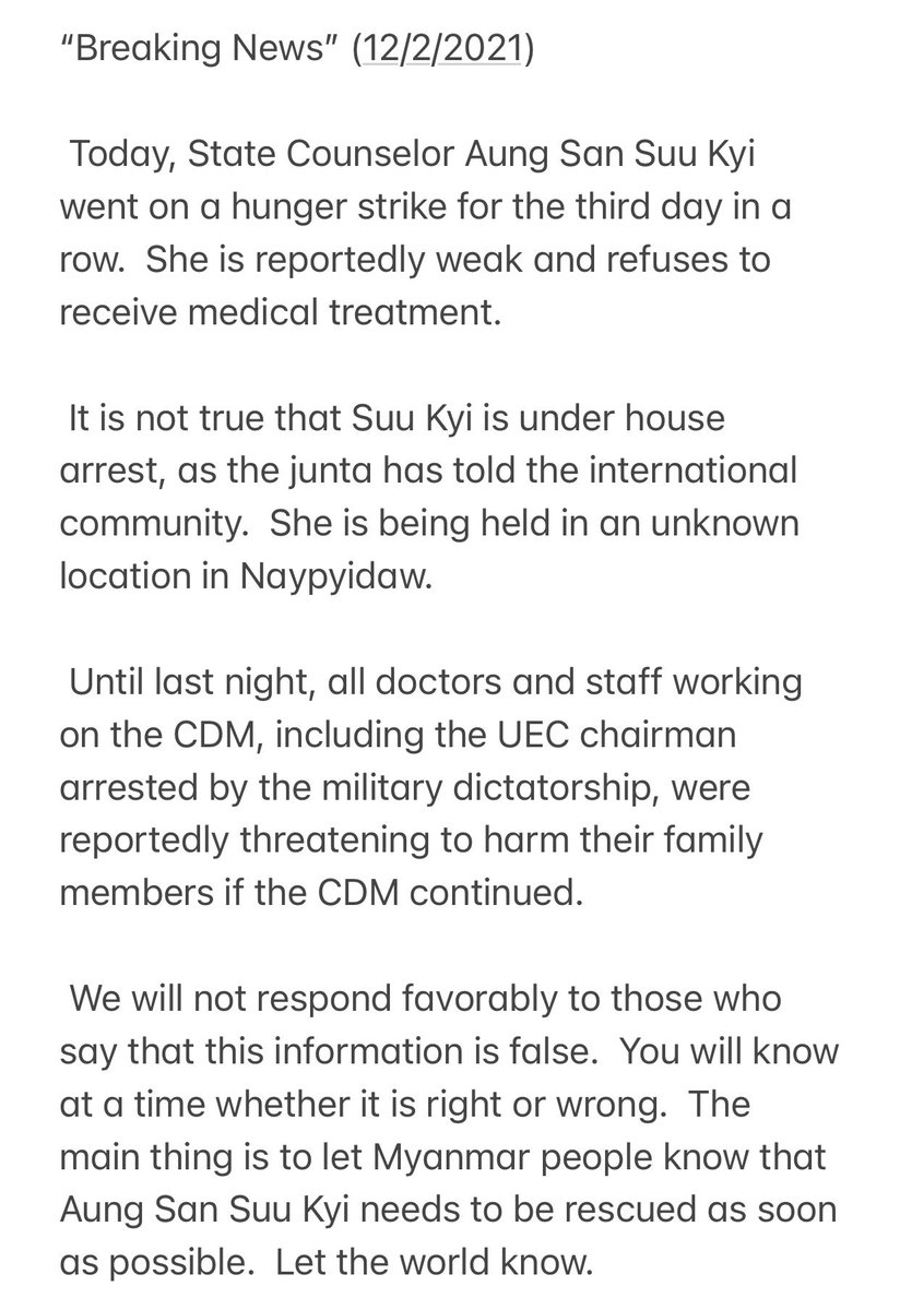 “Breaking News” (12/2/2021)

FREE OUR LEADERS
 #Feb13Coup #WhatsHappeningInMyanmar #CDM_IsTheAnswer