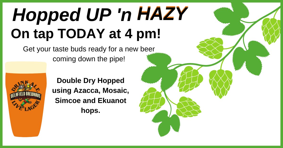 On tap at 4 pm TODAY! Stop in and enjoy the newest beer to our tap tower. Hopped UP N' HAZY is double dry hopped using Azacca, Mosaic, Simcoe and Ekuanot hops. 6.5% A.B.V. and 55 IBU's #CraftBeer #hazyipa #doubledryhopped