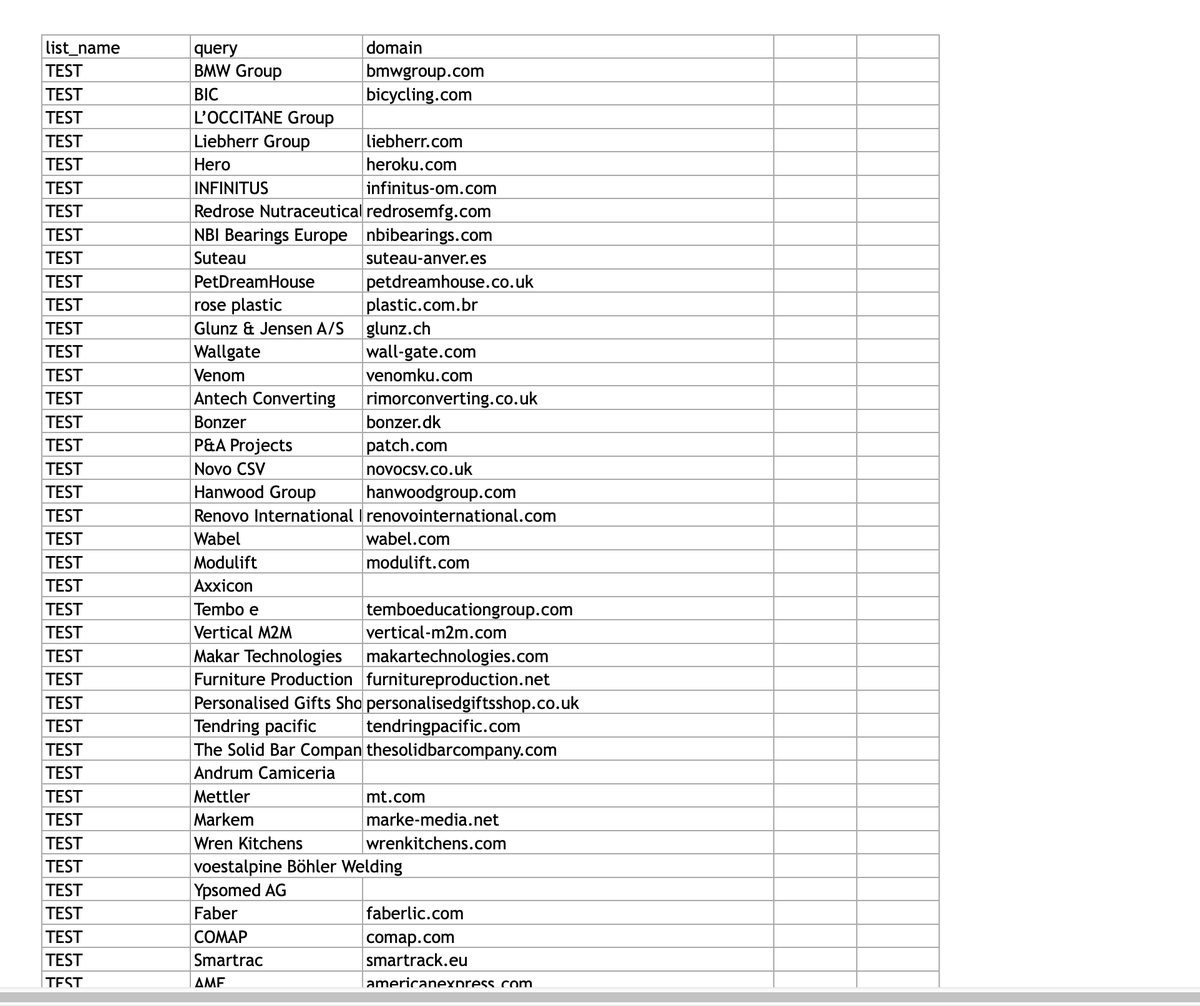 Go to "ICYLeads" Paste the list of Company Names into their "Find Company Websites" toolClick "Convert names"Download once finishedHere's what you're left with (Delete any lead without a domain URL)