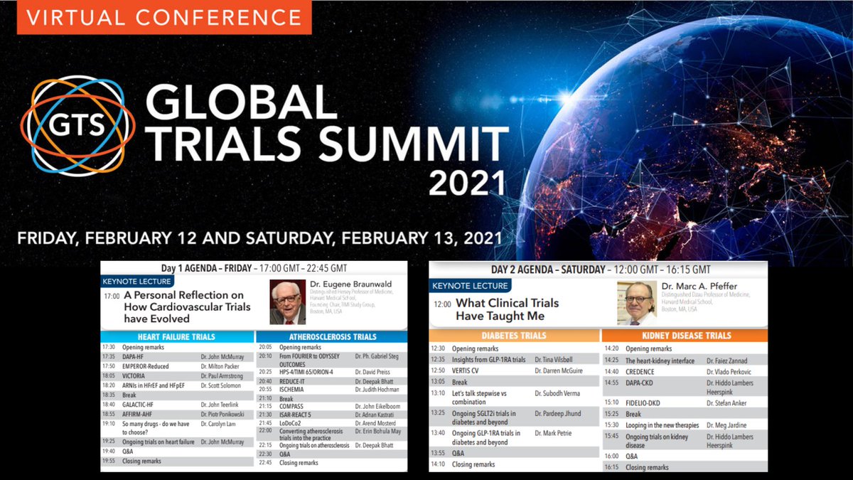 🙌It’s here #GTS2021! You can still register to hear about recent and ongoing #HF #ASCVD #CKD &amp; #DM trials at this virtual conference Fri. Feb. 12 &amp; Sat. Feb. 13 
See agenda below and register for free at 
global-trials-summit.hubilo.com