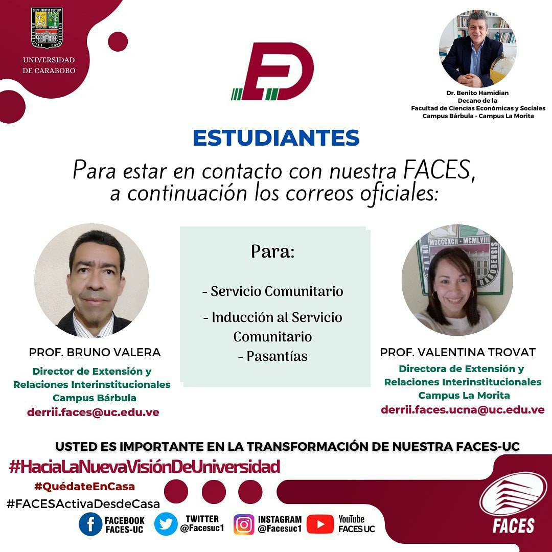 facesuc1's tweet photo. #Estudiantes a tu disposición los correos oficiales para mantener contacto con nuestras #FACESUC a través de los Dir. de Extensión y Relaciones Interinstitucionales en el Campus Bárbula Prof Bruno Valera y en el Campus La Morita Profa. Valentina Trovat

Dr. Benito Hamidian
Decano https://t.co/MoWzieJiAv