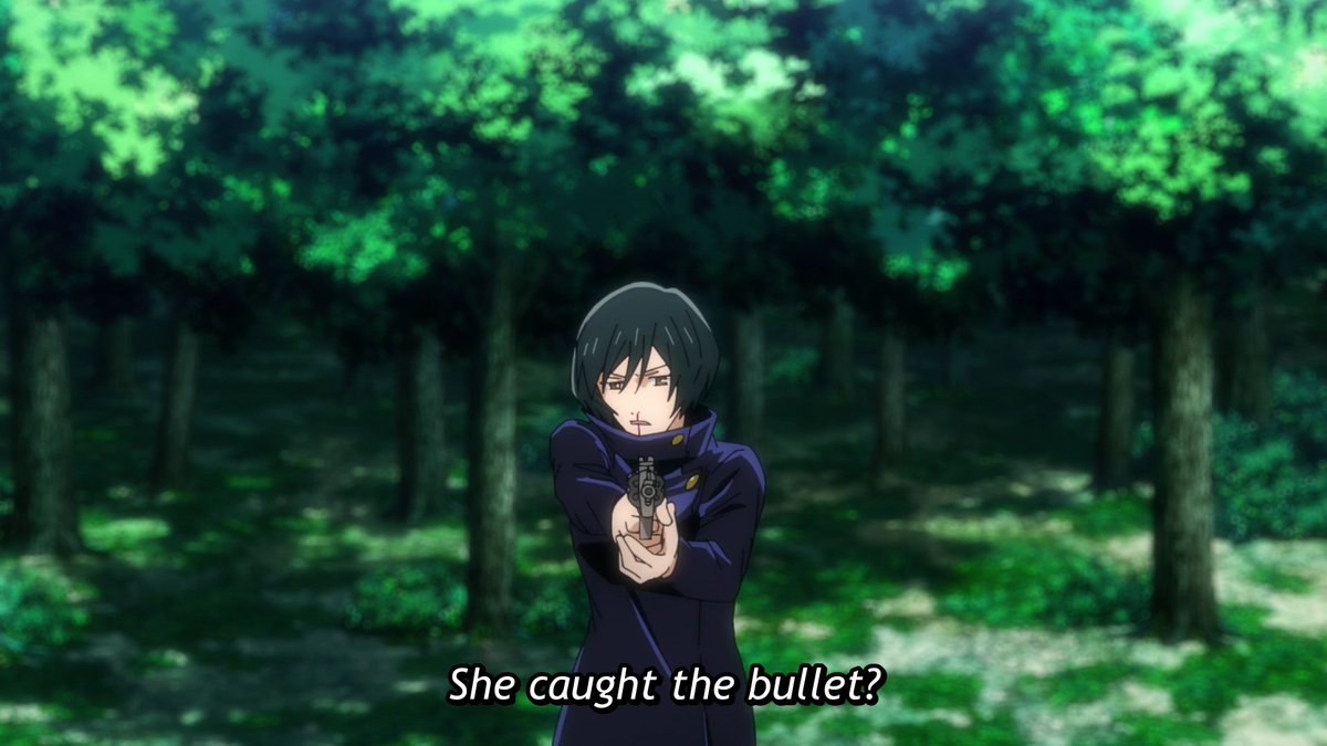 But Mai's ultimate trump card fails as Maki catches the bullet thanks to her Heavenly Restriction granting her superhuman physical abilities.We can also see the strain put on Mai's body by her technique with the blood dripping from her nose