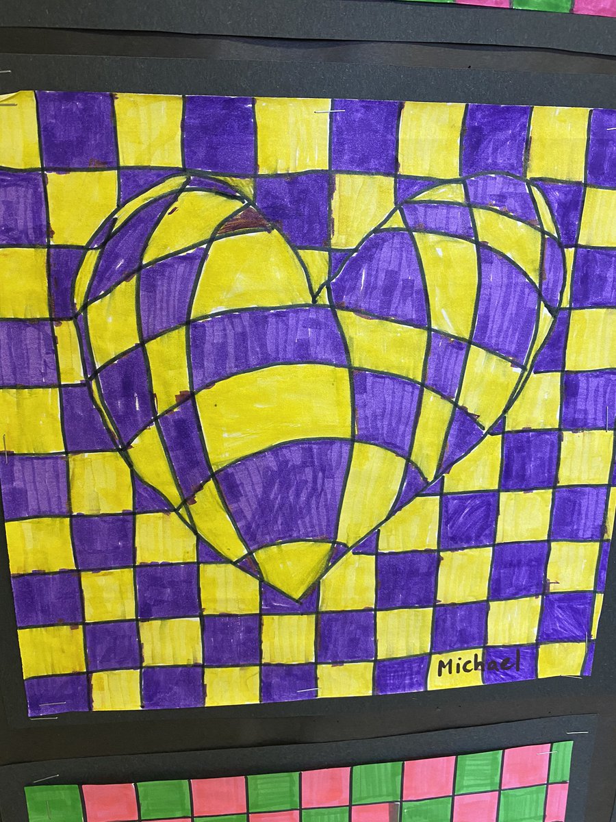 MmeHarp's tweet photo. My Ss have been all about optical illusions lately, and so we tried some op heart art for Valentine’s. “Bursting heart op art”. They are all incredible! @StJosephPVNC #pvnclesrns #opart https://t.co/SGuVtglLpP