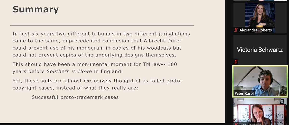 aesthetics & creativity have been improperly marginalized in trademark cases. two early cases holding durer COULD control use of his monogram have been treated as proto-copyright cases, but they look more like proto-trademark to karol.  #wipip2021