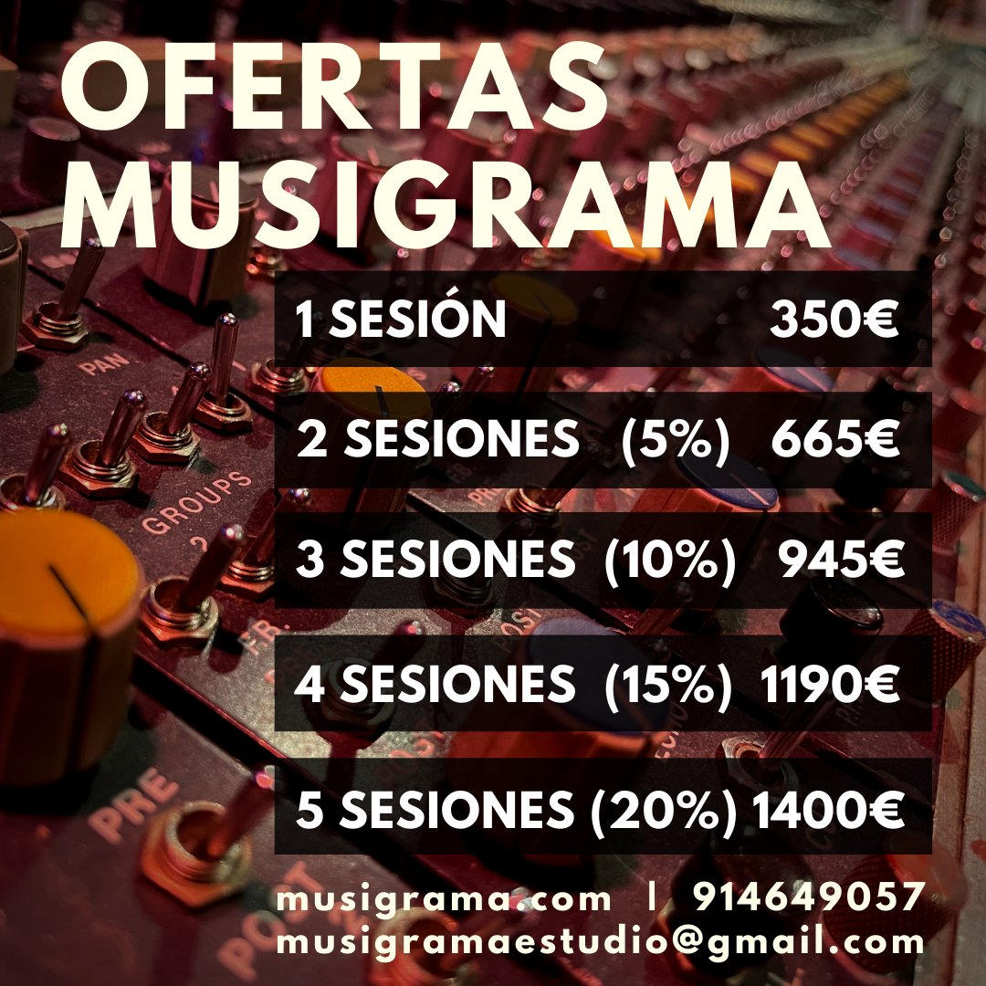 🔊Desde Musigrama ofertamos 𝐝𝐞𝐬𝐜𝐮𝐞𝐧𝐭𝐨𝐬 𝐞𝐧 𝐥𝐚𝐬 𝐬𝐞𝐬𝐢𝐨𝐧𝐞𝐬 𝐝𝐞𝐥 𝐞𝐬𝐭𝐮𝐝𝐢𝐨! ¡Cuantas más sesiones, más ahorro! 🎙️Tanto para grabar como para mezclar🎚️ ⁣Si tienes ganas de darle forma a tu proyecto musical, es el momento de aprovechar estas ofertas! ⁣