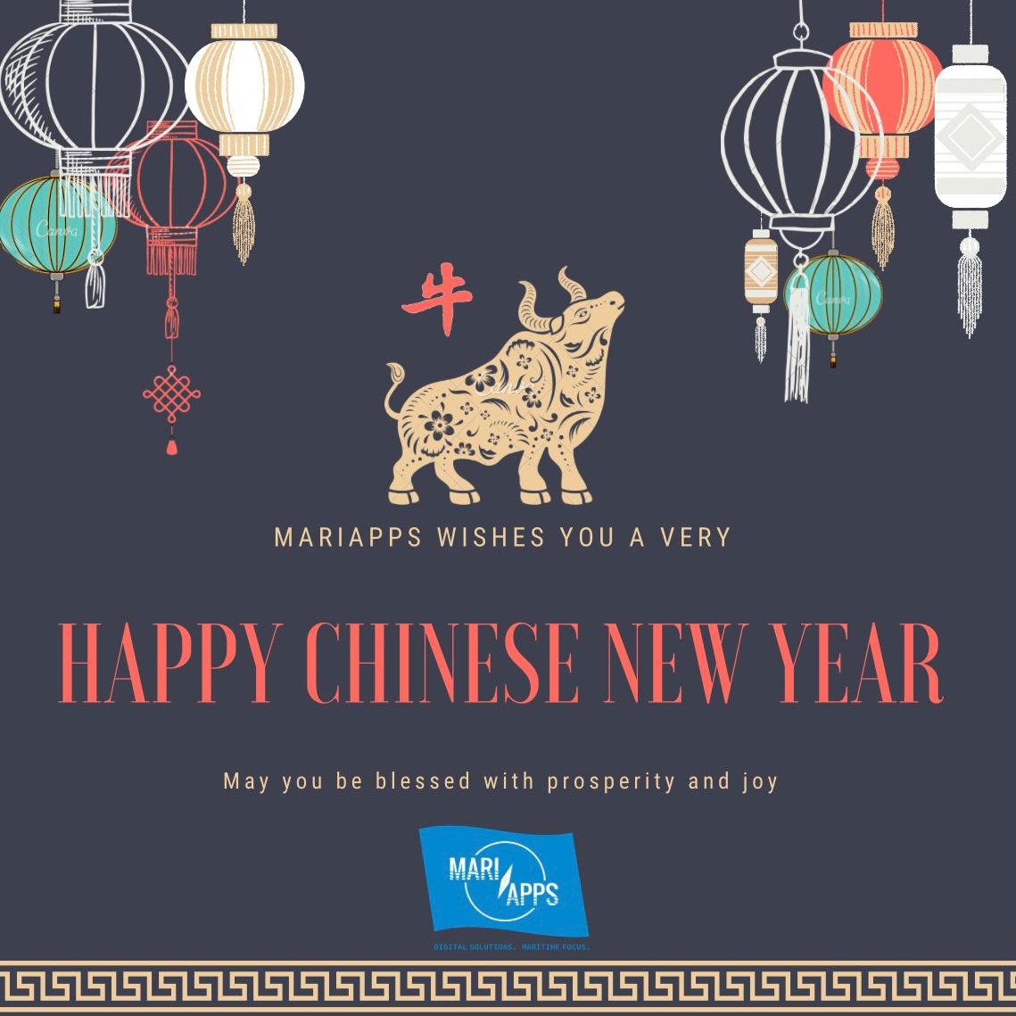 MariAppsMarine's tweet photo. MariApps wishes you a prosperous Year of the Ox!
May you and your family enjoy the joyous celebrations of the Lunar New Year.
#mariapps #maritime #happylunarnewyear #happyniuyear #yearoftheox #cny #恭喜发财
#新年快乐 #万事如意 #年年有余 #生体健康
#digitalsolutions https://t.co/G5HovXJuA6