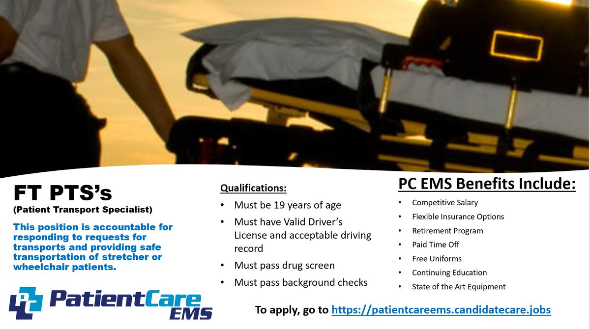 Save Lives!  Help those in need!  Be the difference!    Now hiring all Full-Time positions.  Visit patientcareems.candidatecare.jobs