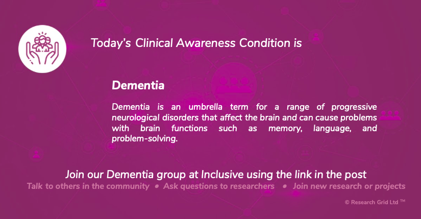 researchgrid's tweet photo. Join our Dementia group at Inclusive:
https://t.co/pydAKVWlm5
- Talk to others in the community
- Ask questions to researchers
- Join new research or projects
#Dementia #FridayFacts #Rgrid #ClinicalTrials #Research #PatientCare #mindfulness #dementiaresearch https://t.co/D9nh26ivIF