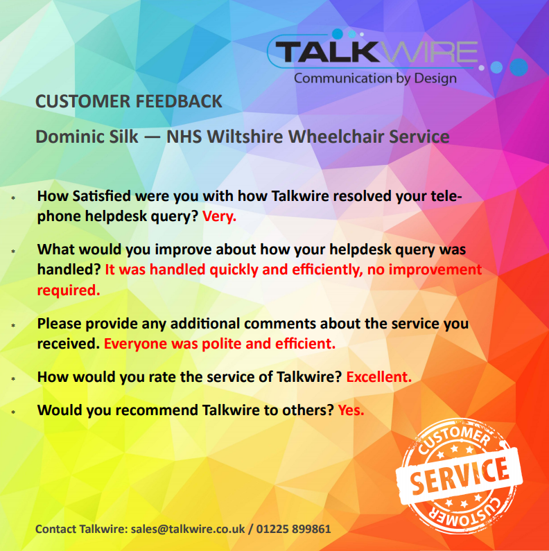 We love receiving feedback from our customers, particularly when those customers are utilising Talkwire's services to help their customers! 😄

To find out how we can help your business, call us on 01225 899 861 or email sales@talkwire.co.uk

#service #feedback #nhs #maintenance