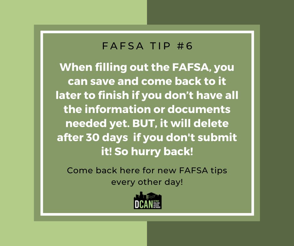 Detroit_CAN's tweet photo. Happy FAFSA Friday! Here's our tip of the day.
Check out more FAFSA tips, tricks, and resources in our FAFSA toolkit: https://t.co/IDWFPzK2im
#FAFSA #FAFSATips https://t.co/BTUo3C5qF7