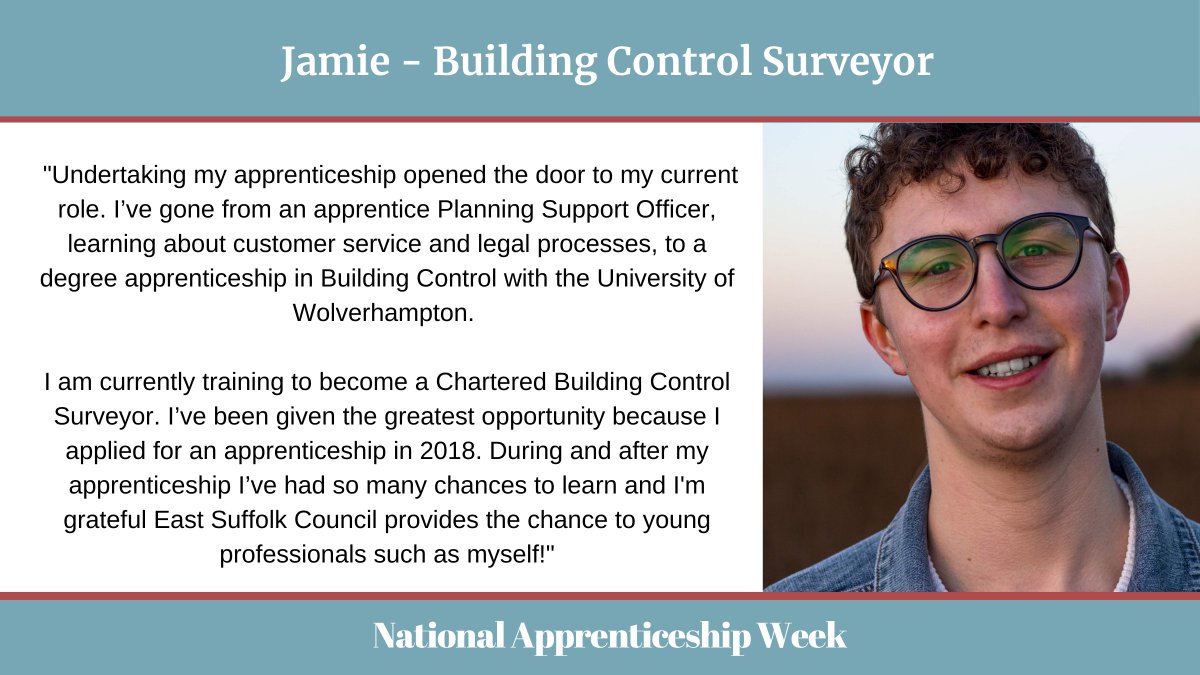 At East Suffolk, we're so proud of the fantastic work that all our apprentices do to contribute to the success of the organisation - like Jamie, who began his #apprenticeship in 2018 and is now training to become a Chartered Building Control Surveyor.

#NAW2021 #BuildTheFuture