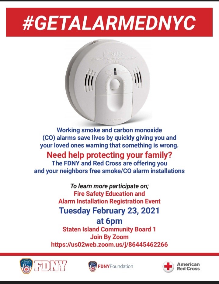 PortRichmond2's tweet photo. FYI...Fire Safety Education and Alarm Installation Presentation. Join via Zoom on February 23, 2021, at 6:00 pm. #smokealarm, #carbonmonoxidealarm, #FDNY, #RedCross, #CommunityBoard1, #StatenIsland https://t.co/Yqhci0CSzp