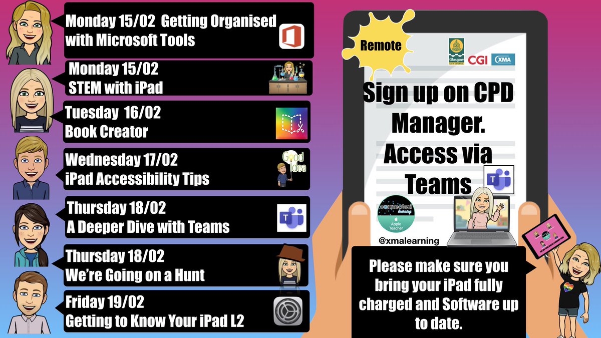 Join the team next week for some fantastic sessions covering a wide range of digital tools 🧑‍💻👩‍💻

✏️Sign up now at Glasgow CPD Manager 

<a href="/DL_for_All/">Digital Learning for ALL</a> #ConnectedLearning
#AppleEDU #MicrosoftEDU 
<a href="/BookCreatorApp/">Book Creator Team</a>