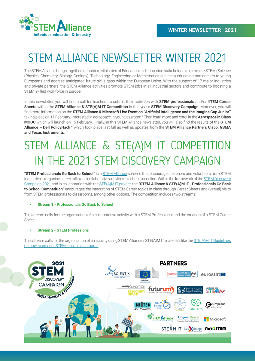 stemalliance_eu's tweet photo. What's happening in the STEM Alliance & our partners? Read in our Winter Newsletter 📤
✅ “STEM Alliance & STE(A)M IT - Professionals Go Back to School Competition” #SDC21
✅ #AerospaceMOOC starting on 15 Feb!
✅ results of the #DellPolicyHack
Read at https://t.co/OjoYuLIGIp! https://t.co/gvYEJxY11m